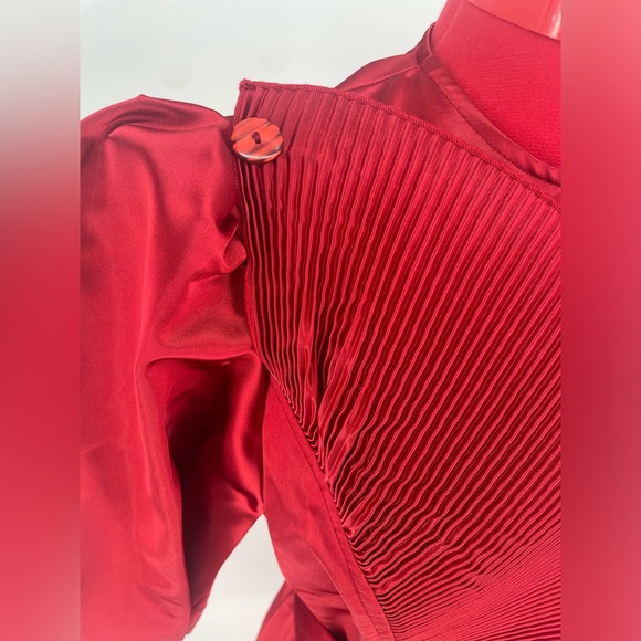 Rare 1980s Ruby Red Donna Morgan Satin Puff Sleeve Cocktail Dress - Picture 5 of 16